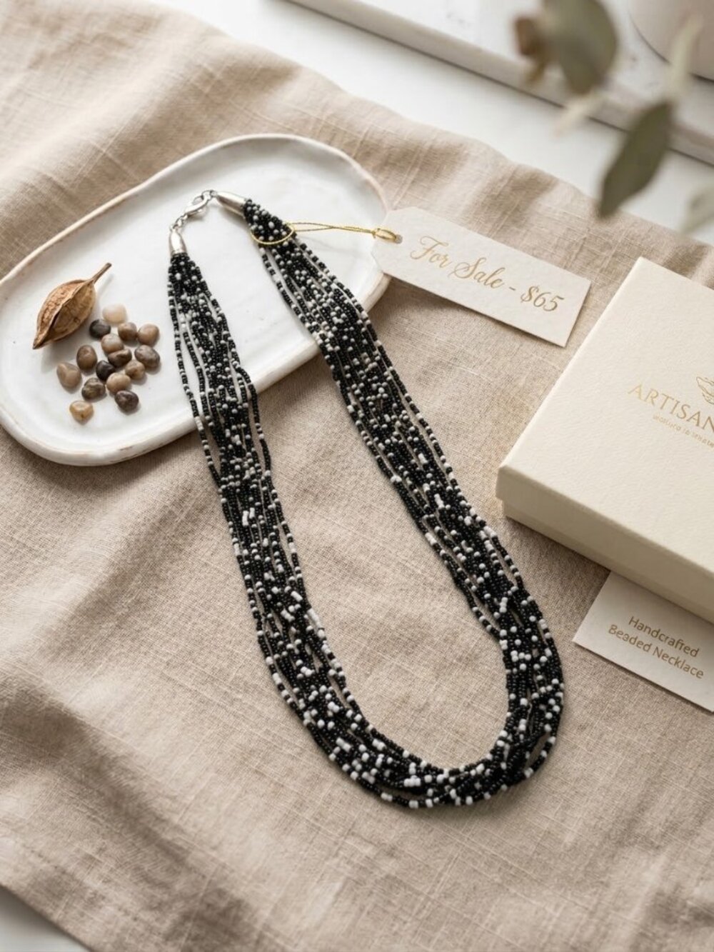 Black & White Multi-Strand Seed Bead Necklace Boho Statement
